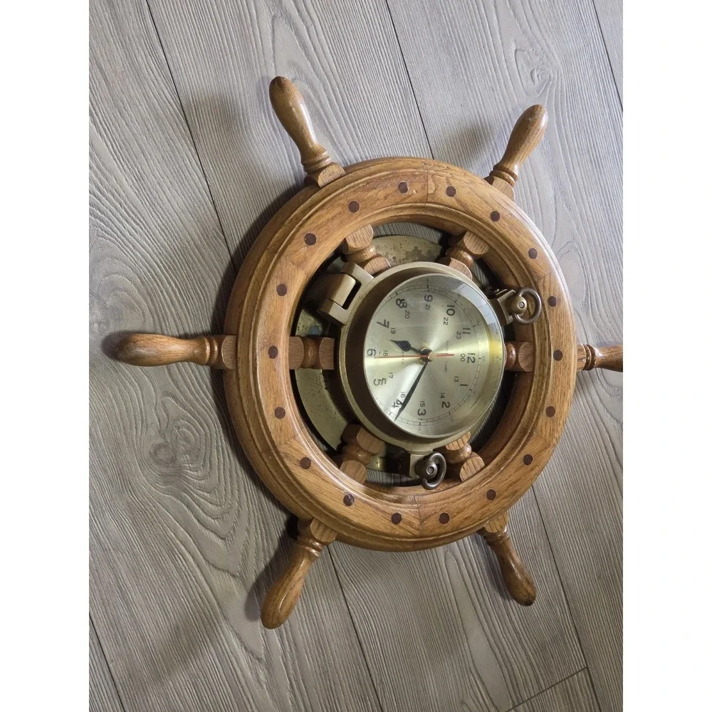 Vintage Brass & Wood Clock Ship's Time Walnut Wheel 18
